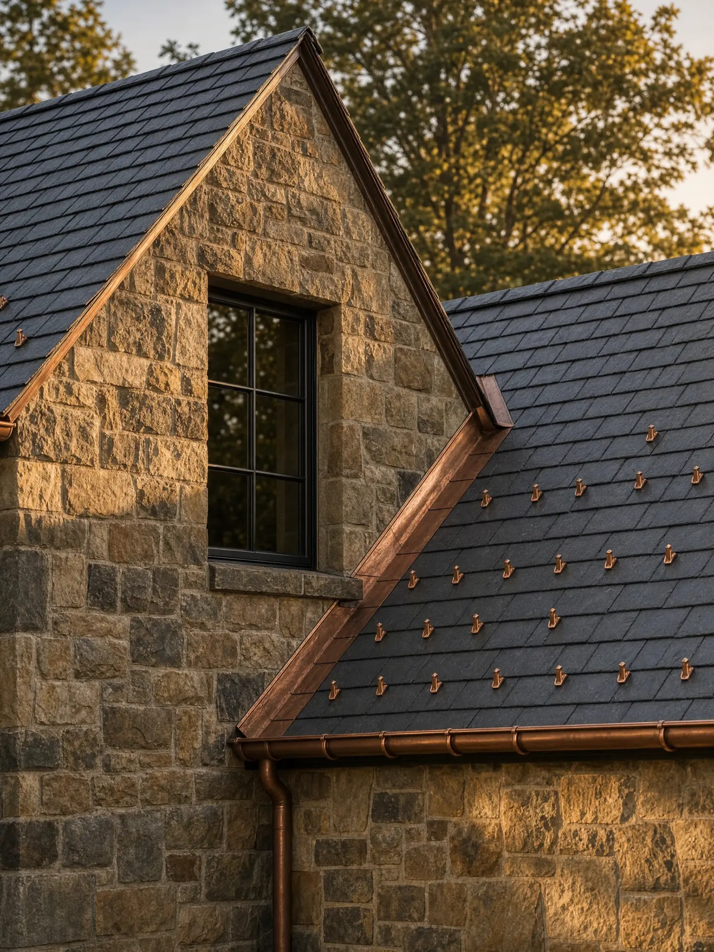 Natural slate meeting a fieldstone wall, with copper valleys and snow guards in low golden light