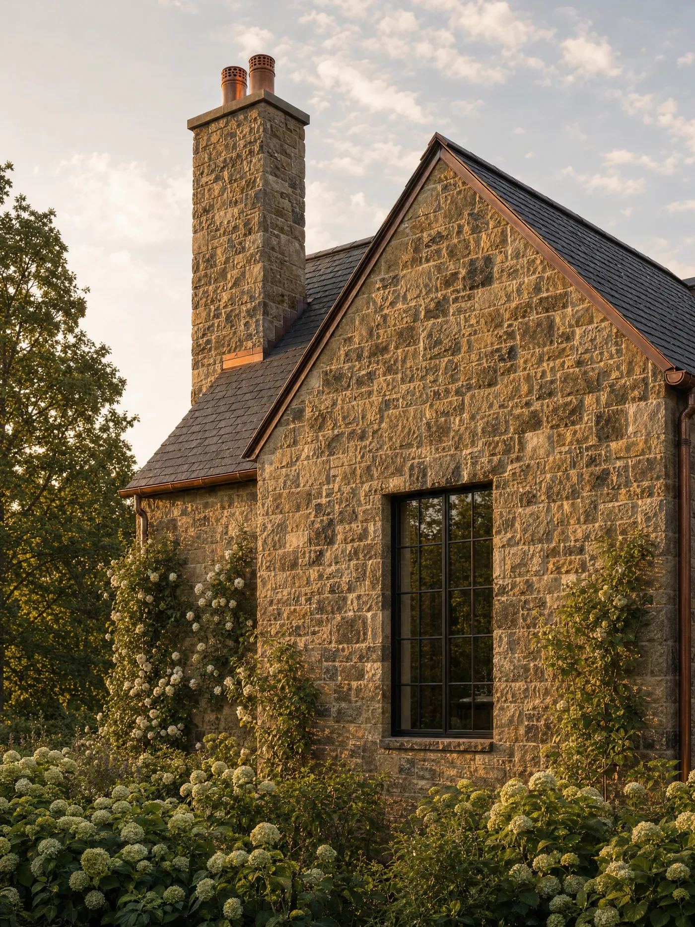 A fieldstone gable with a deep-set steel window and copper chimney pots in evening light