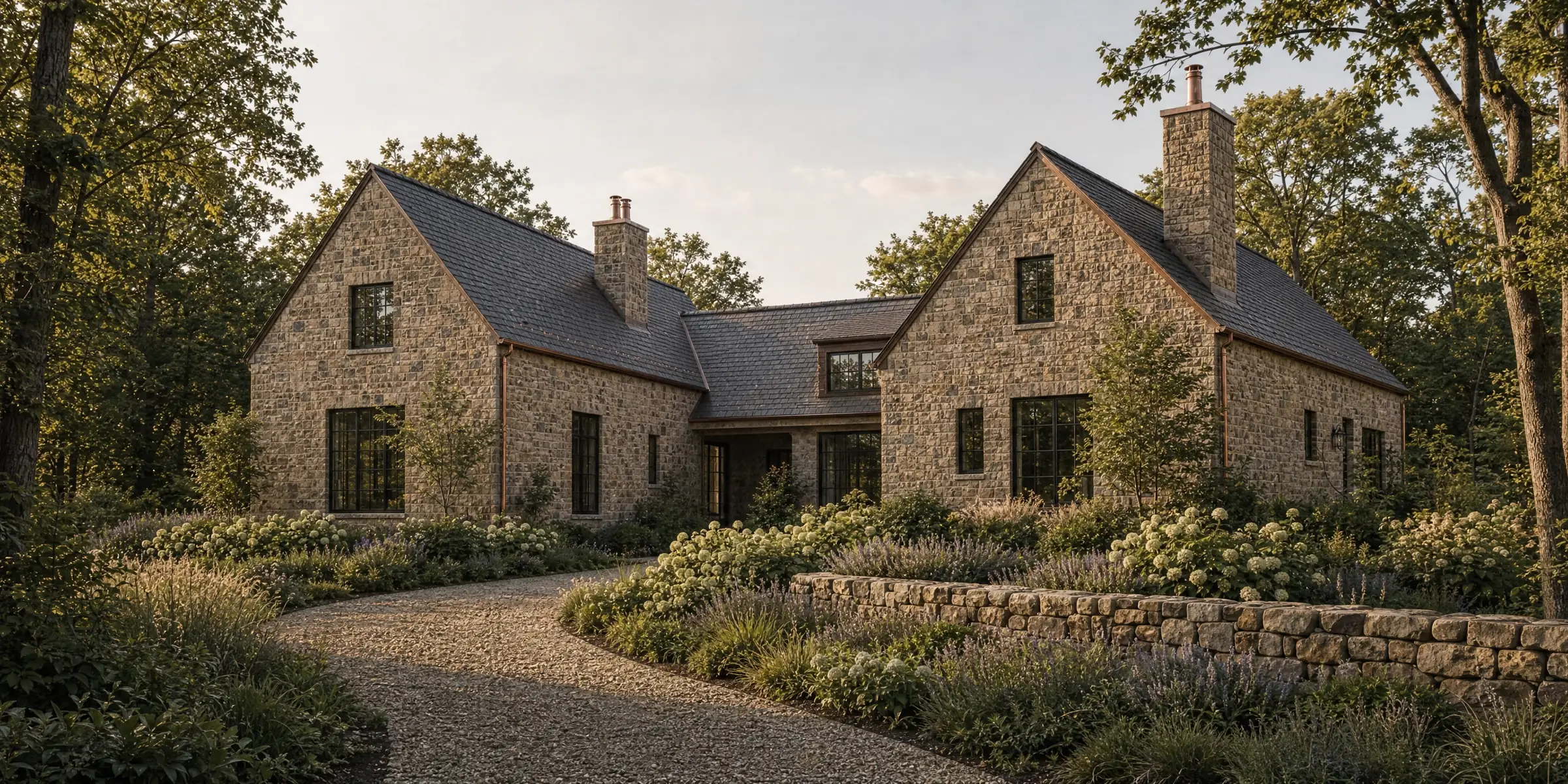 A stone house with slate roofs and copper-capped chimneys, a gravel approach curving through hydrangeas and lavender