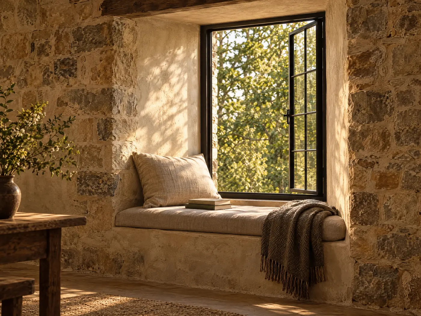 A deep window seat set into a limewashed stone wall, with a linen cushion and books