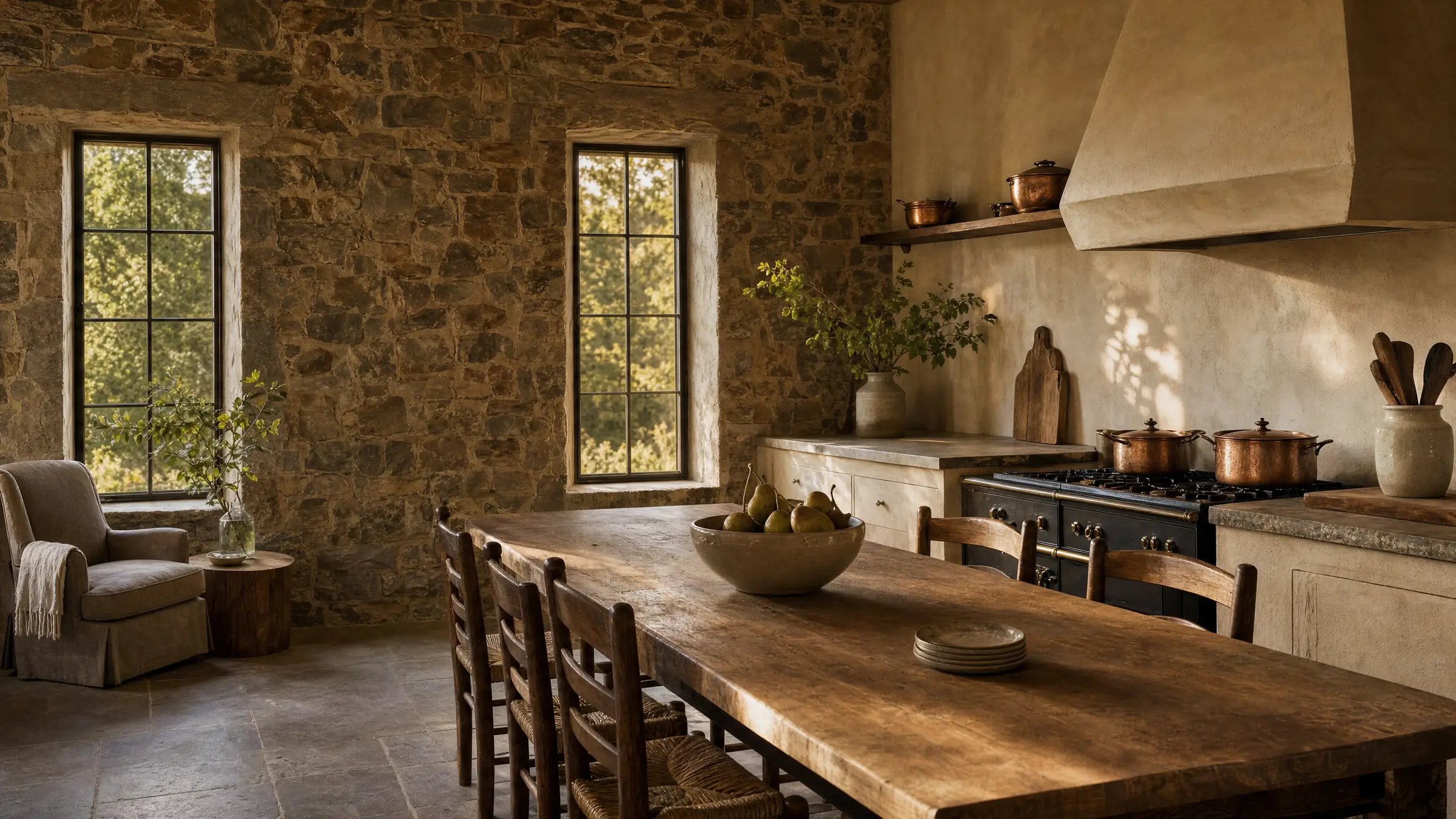 A kitchen and gathering room with limewashed walls, a long oak table, and deep-set steel windows