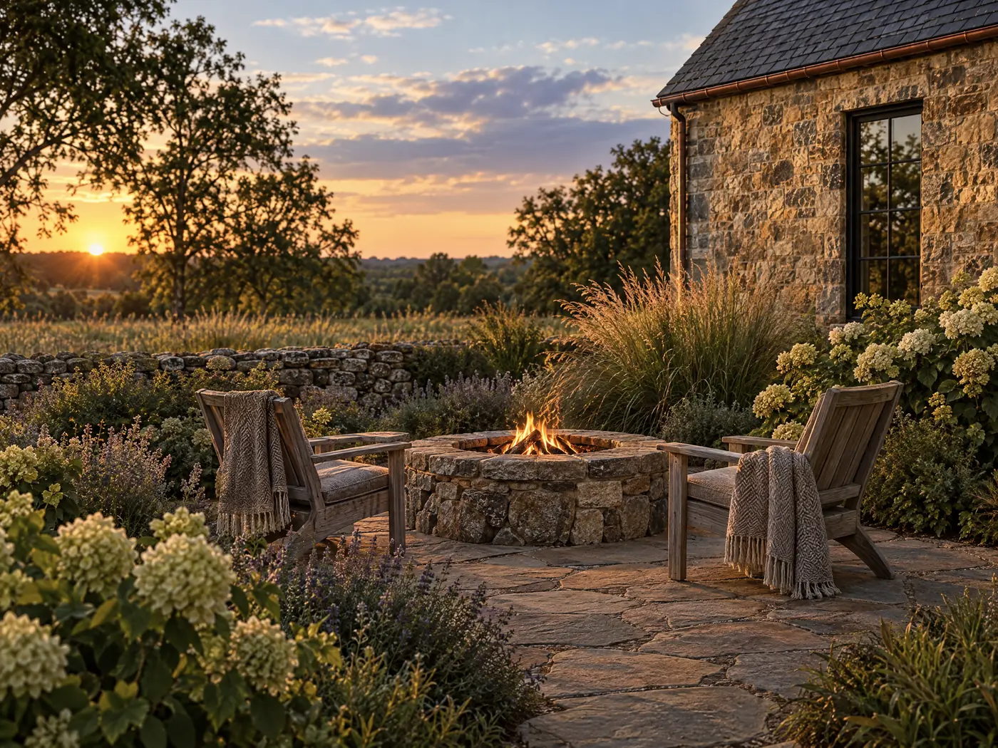 A flagstone terrace with a stone fire pit and two chairs among grasses and hydrangeas at dusk