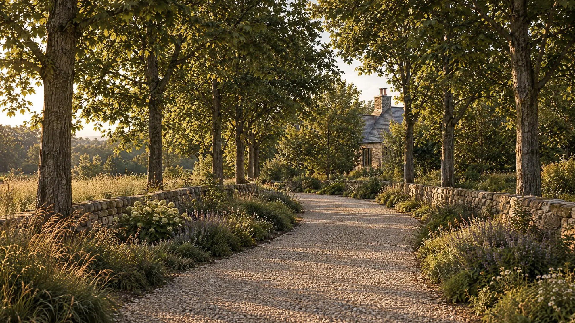 A gravel drive between dry-stone walls under old trees, a stone house glimpsed at the end
