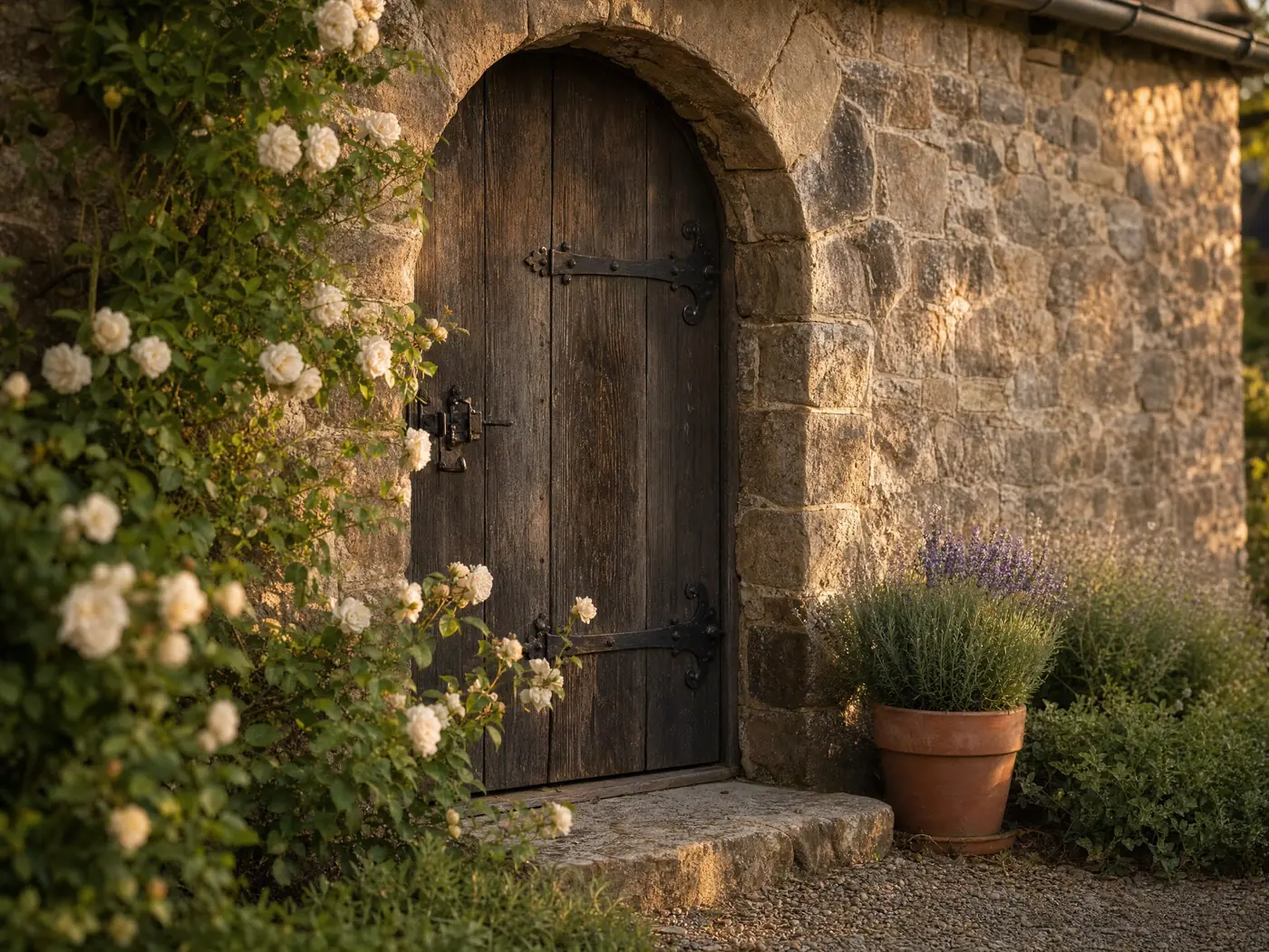 A weathered oak door with iron hinges set in a fieldstone arch, white roses beside it