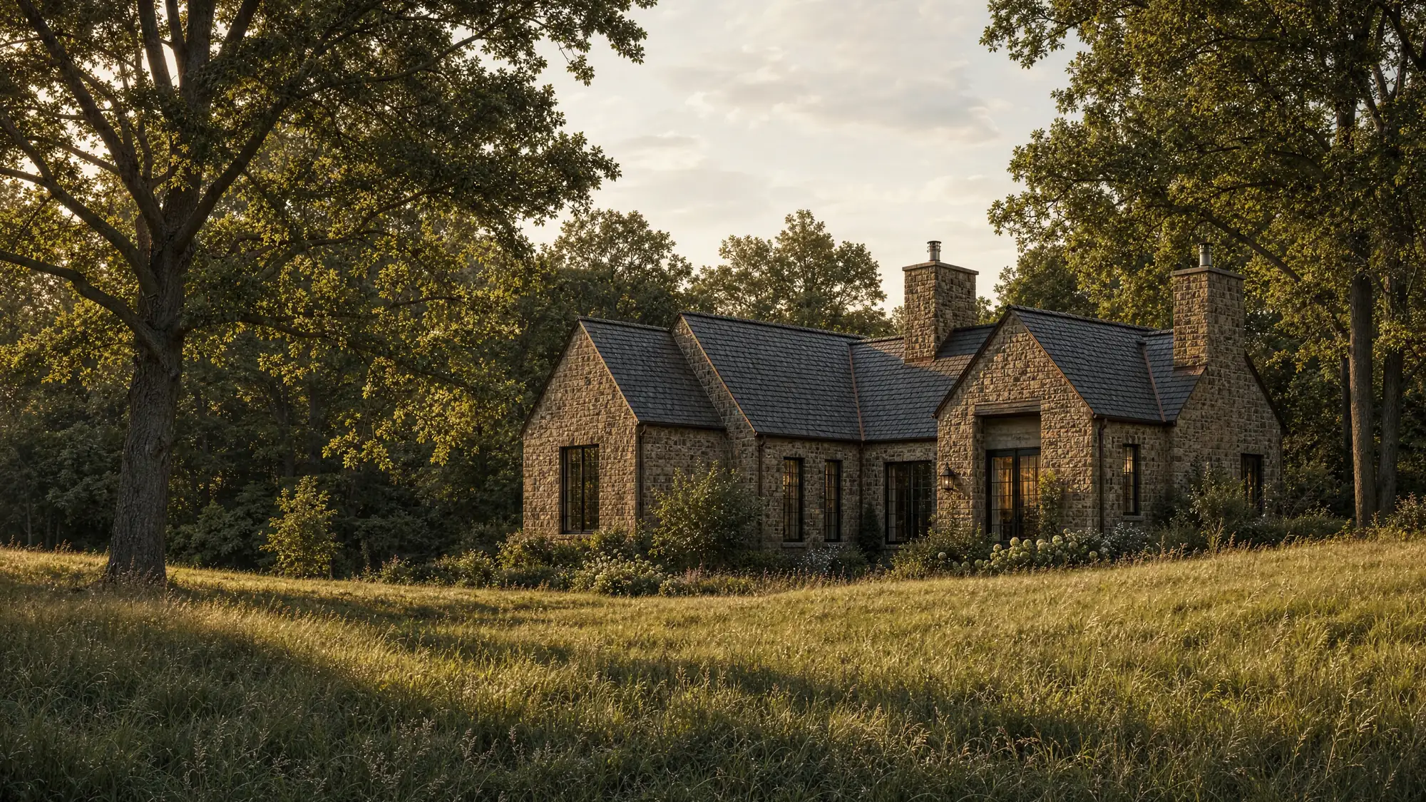A fieldstone house with slate roofs seen across a meadow at golden hour, framed by old oaks