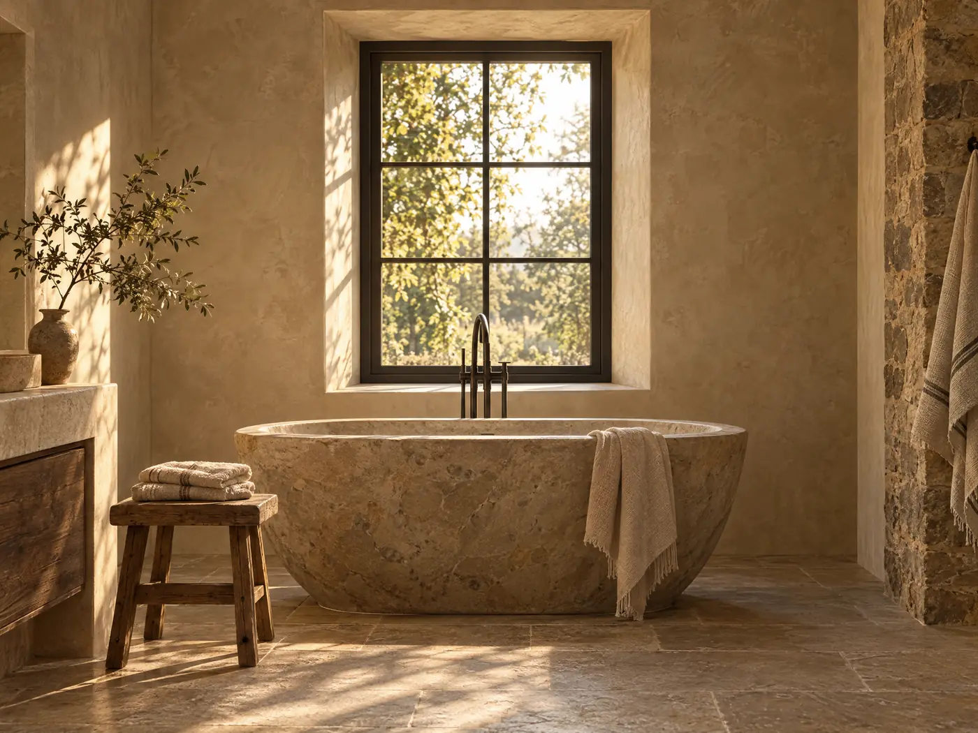 A stone soaking tub beneath a deep-set window in a limewashed bathroom