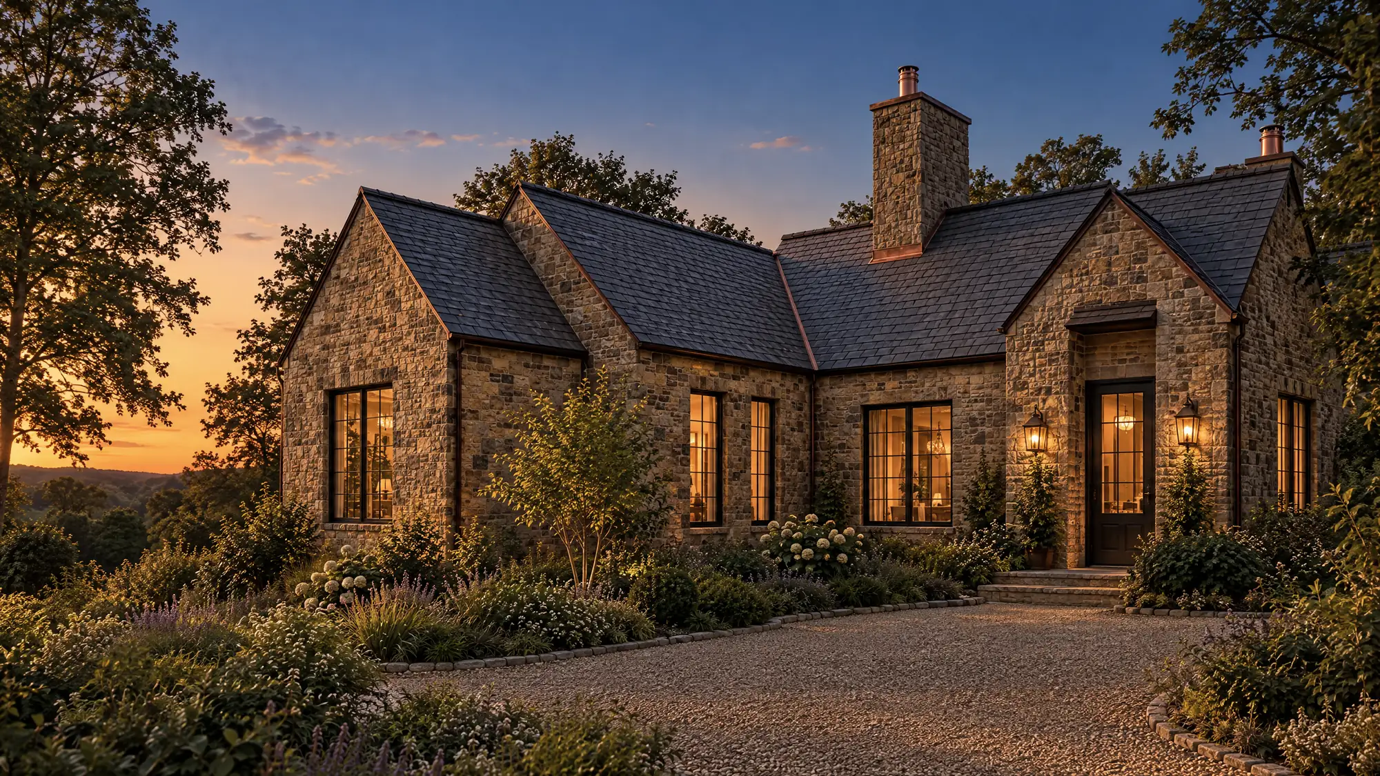 A fieldstone house at dusk, warm light in its windows beneath slate roofs