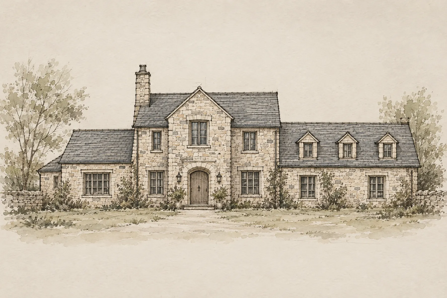 Ink and watercolor elevation of a fieldstone country house with dormers and an arched door