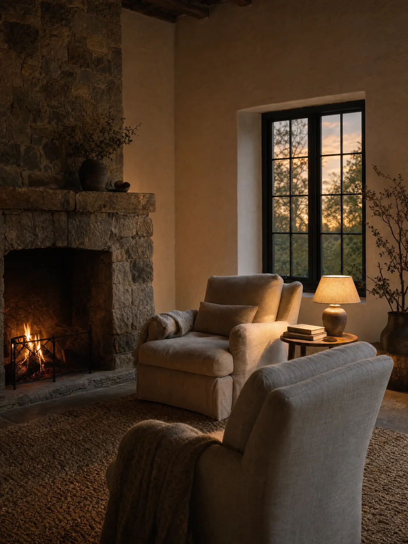 A sitting room at dusk: a fieldstone fireplace with a low fire, limewashed walls, linen armchairs, and a wool rug