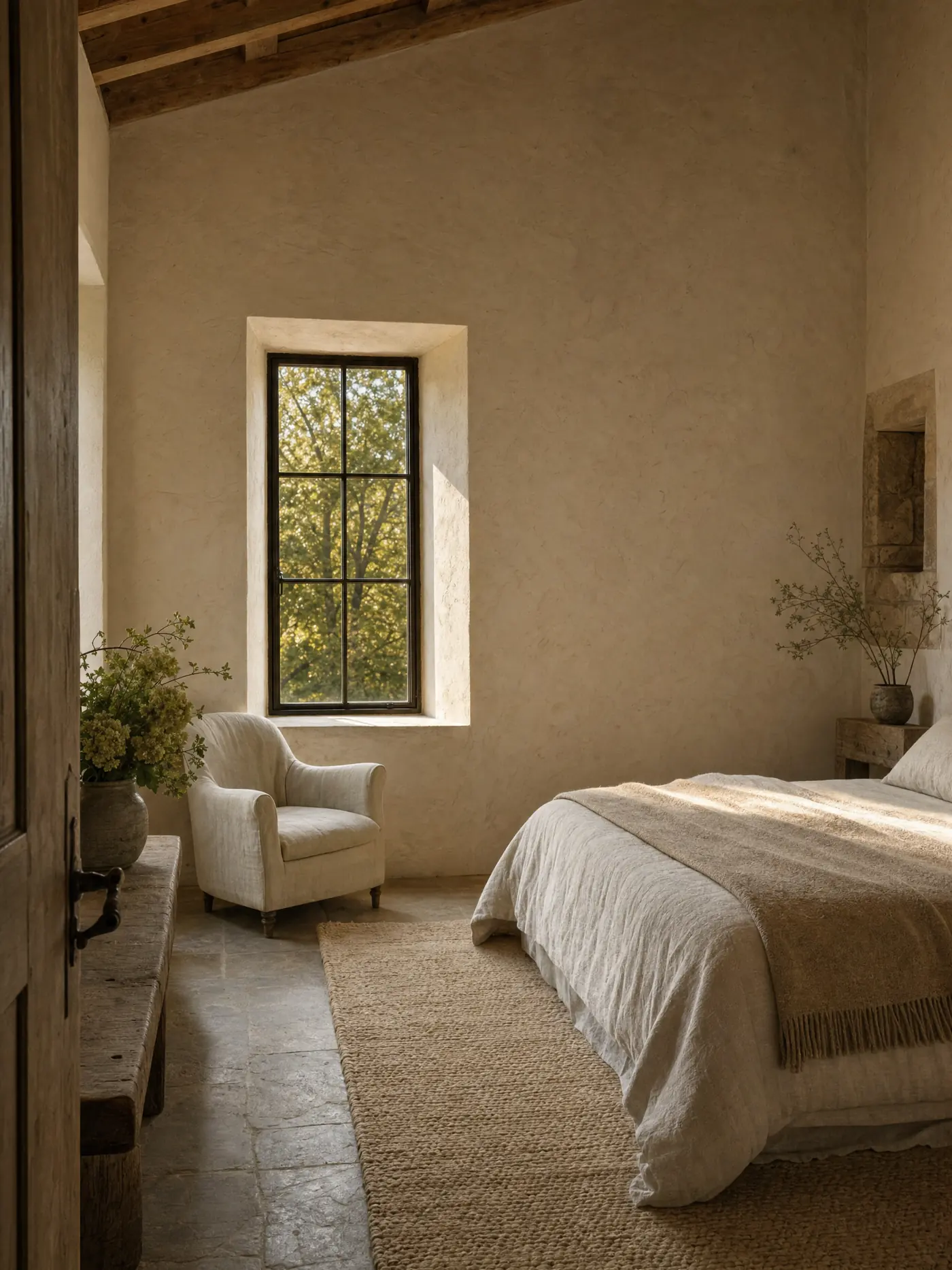 A quiet bedroom with limewashed stone walls, a deep-set window, morning light, and a wool rug on a stone floor